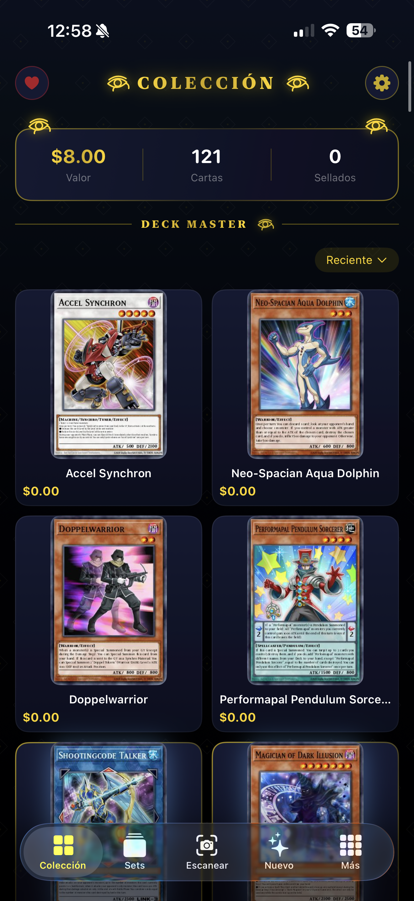 Pantalla principal de la app Cardfolio TCG